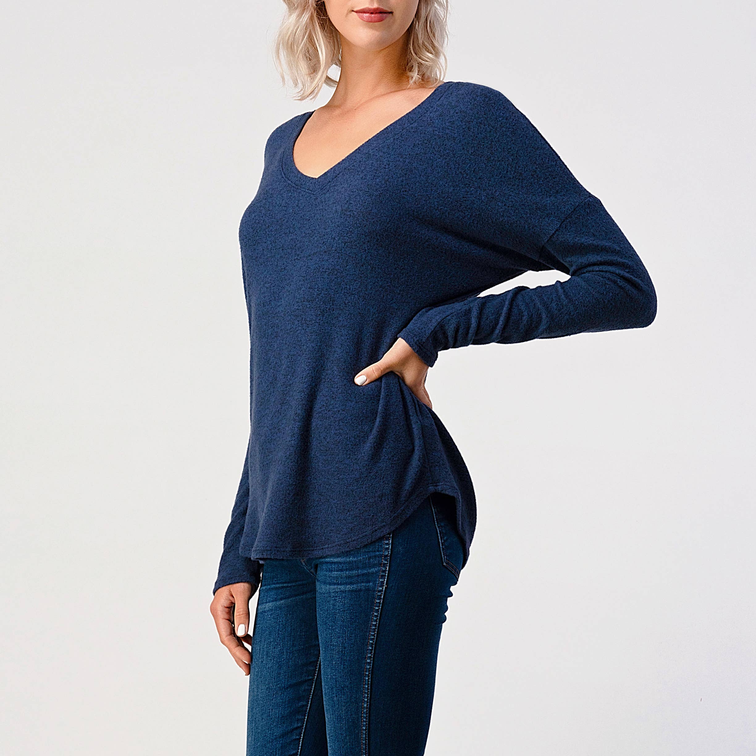 Heimious - Wholesale Knit Top - Women's - Long Sleeve V-neck Brushed Knit Top, 273827