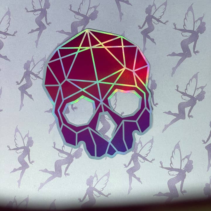 Geometric Skull, holographic sticker, waterproof vinyl for wholesale by My Graphic Fairy Designs
