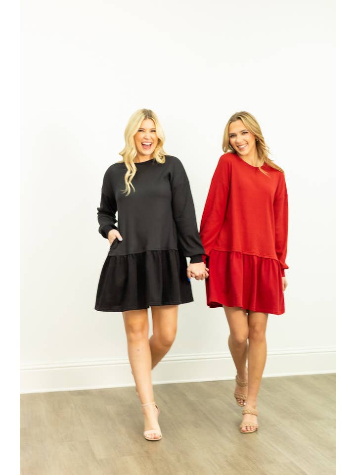 Waffle Knit Long-Sleeve Dress, Black for wholesale on Faire6