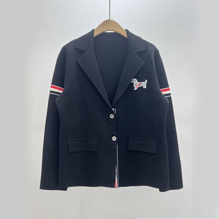 Sanyao Fashion - Vente Cardigan – femme - Cardigan en maille gris à col de costume avec détail rayé2