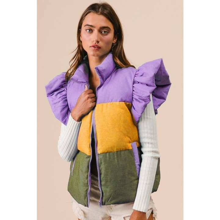 Mardi Gras Färger Block Puffer Volangdetalj för wholesale av IVE