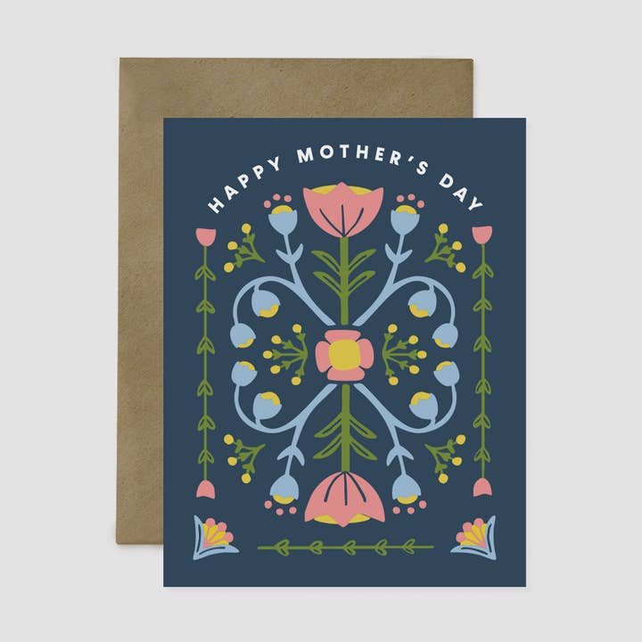 Happy Mother's Day Blue Rosemaling Greeting Card for wholesale by Nordic Fox Design Co.