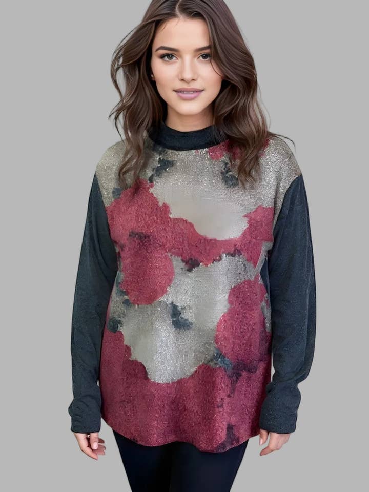 Yummy Front Print Knit Sweater Tunic - Watercolor (D28133) for wholesale by Dantelle Apparel