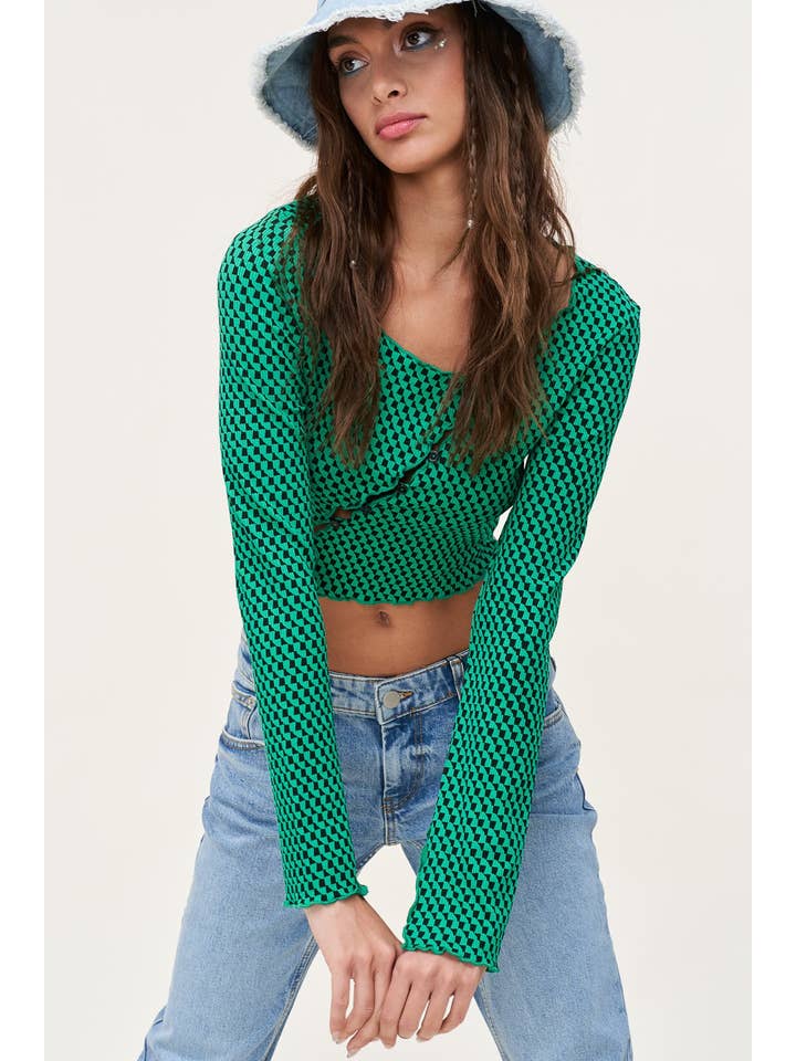 Mimosa - Wholesale Knit Top - Women's - Geo Print Buttoned Diagonal Cut-Out Cropped Knit Top2