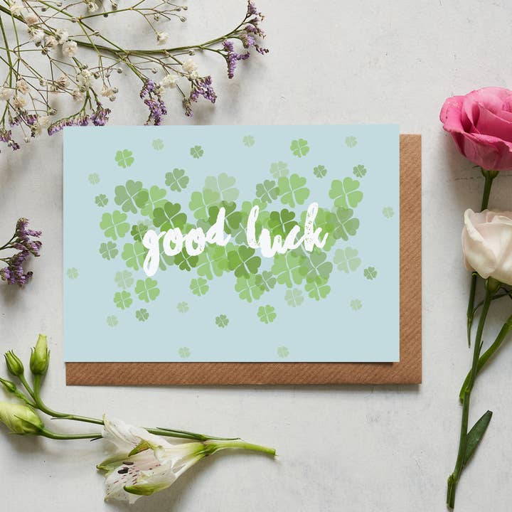 Good Luck clover floral greeting card for wholesale by Lorna Syson