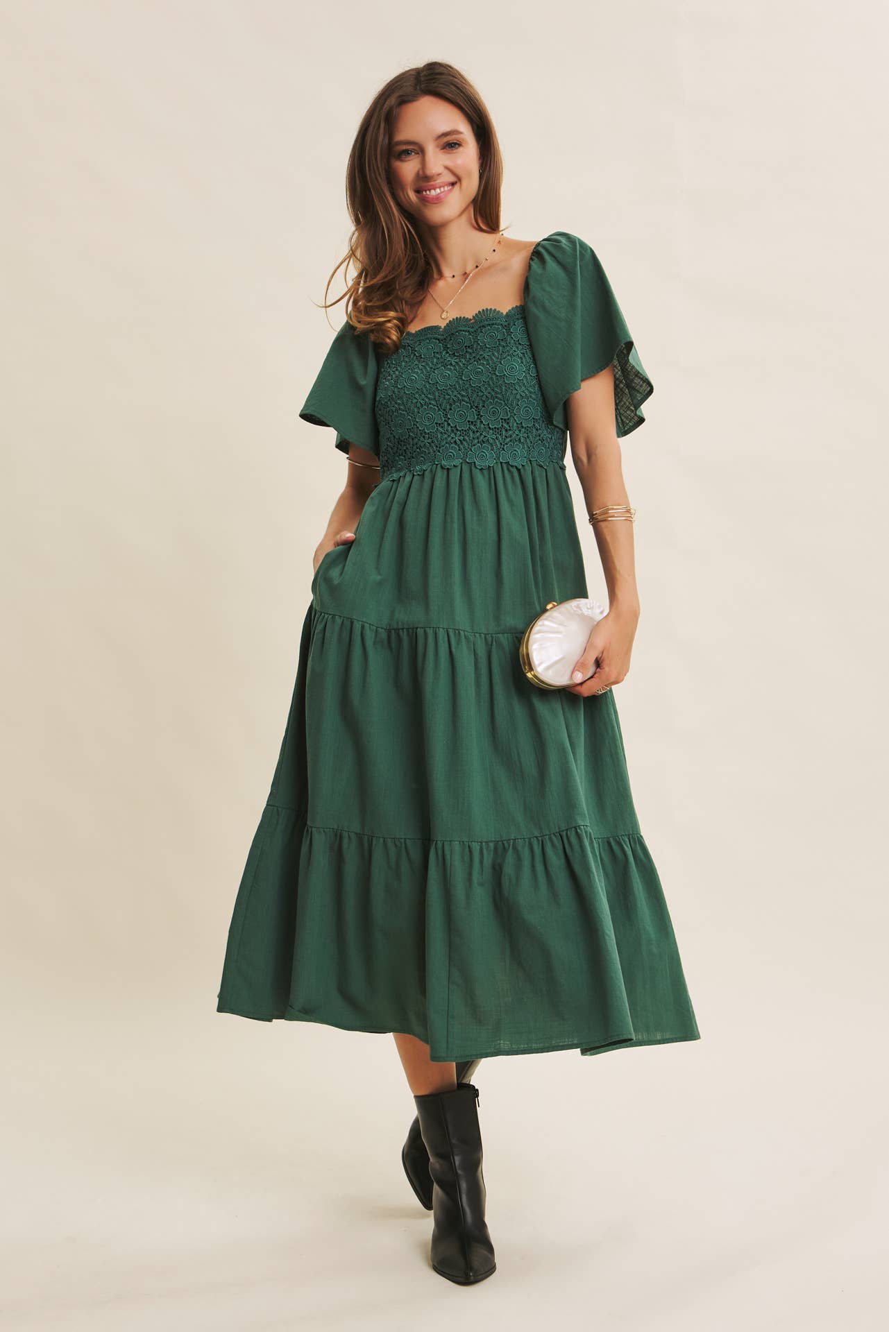 in february - Wholesale Dress - Women's - ESSENCE OF FALL TIERED CROCHET MIDI DRESS WITH FLUTTER SLVS21