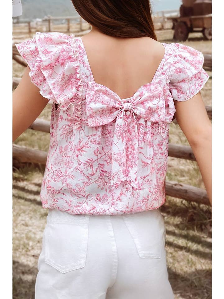 fashionworks - Wholesale Blouse - Women's - Floral Ruffle Short Sleeve Square Neck Bow Back Blouse