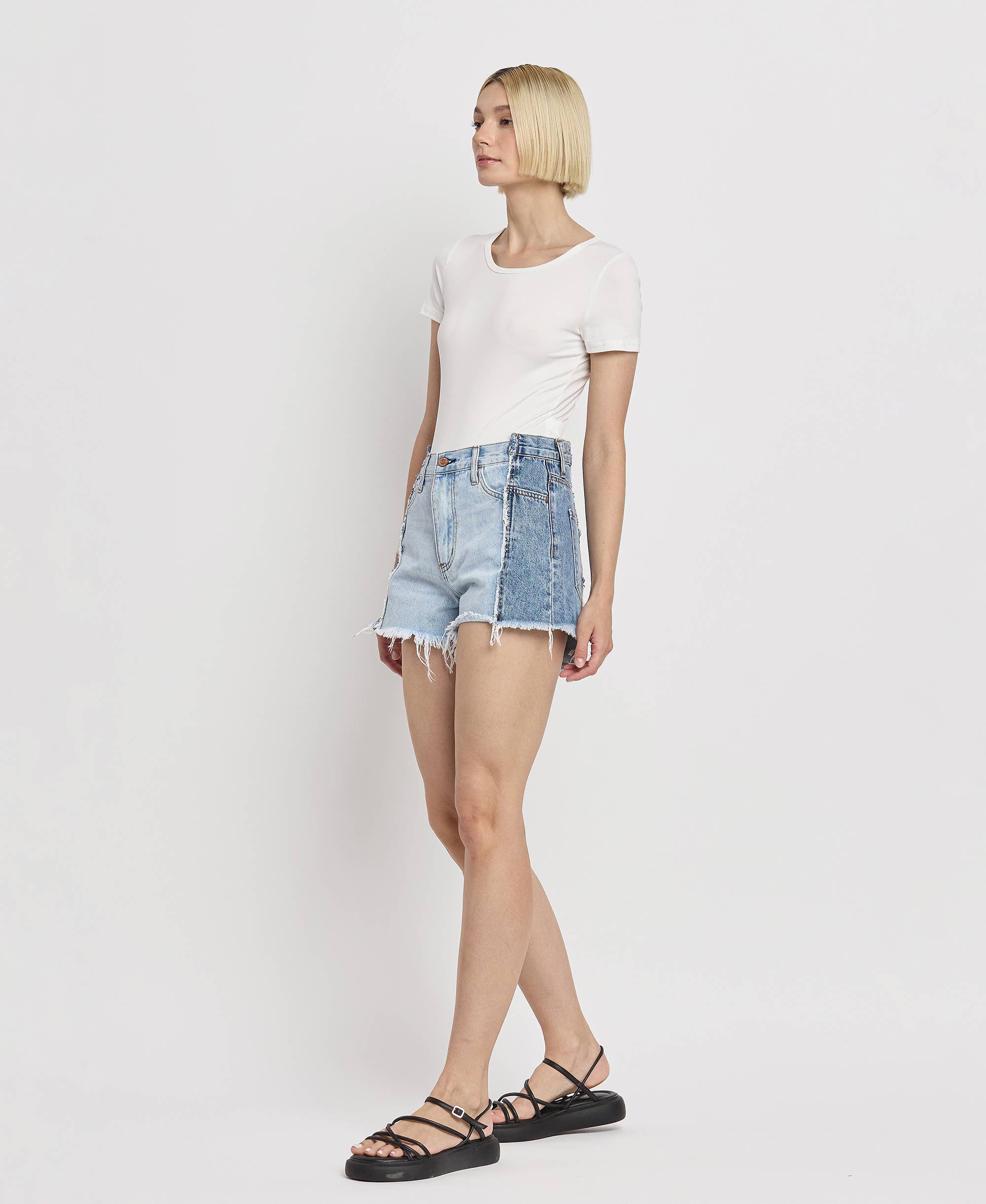 FUTURESTIC HIGH RISE TWO TONE PATCH DENIM SHORTS BY4330 for wholesale on Faire12