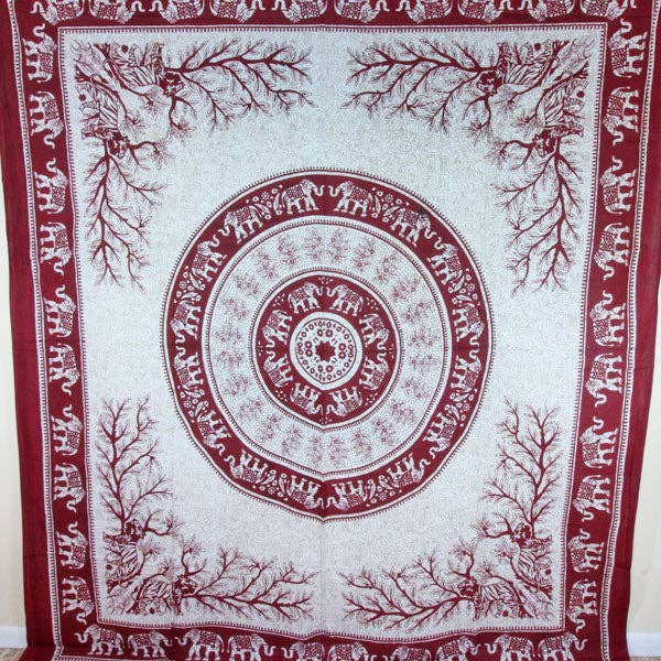 Maroon Tigers & Elephants Majestic Beasts Tapestry for wholesale by Wild Lotus