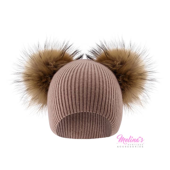 Cappuccino Ribbed Double Pom Angora Beanie for wholesale by Melina's Bowtique