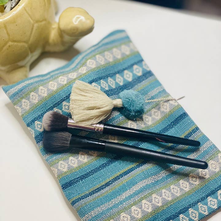 Blue Boho Makeup Bag For Woman, Unique Gift, Linen Bag With Zipper, Blue Cosmetic Bag, Modern Make Up Bag, for wholesale by Sunny Dzyns