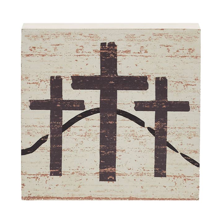 VHC Brands - Wholesale Sign - Celebrate Grace 3 Crosses Distressed Antique White MDF Block Sign 6x6x12