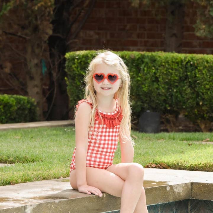 Sugar Bee Clothing - Wholesale One Piece Swimsuit - Kids - Girls Swimsuit - Bow Back - Red Gingham