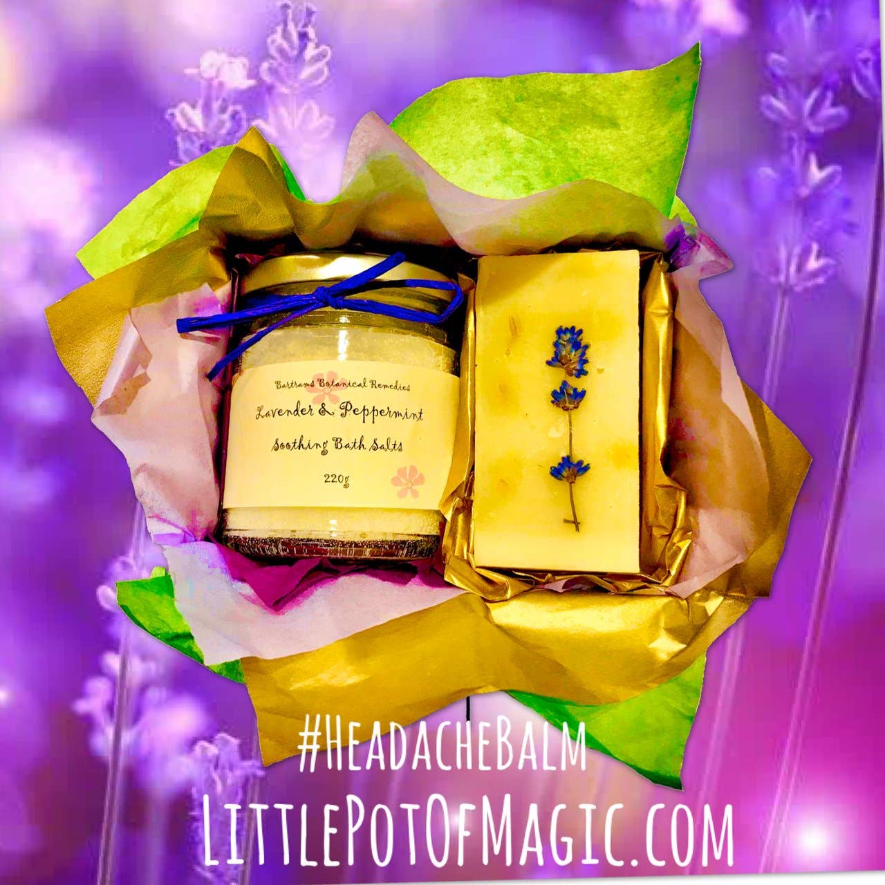 Herbs On The Hill – wholesale Bath & body set – Lavender & Peppermint Bath Salt & Soap Box1