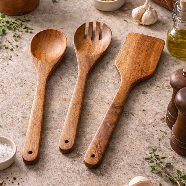 Handcrafted Wooden Utensil set - Spoon, Fork, and Spatula for wholesale by Valor Home Goods