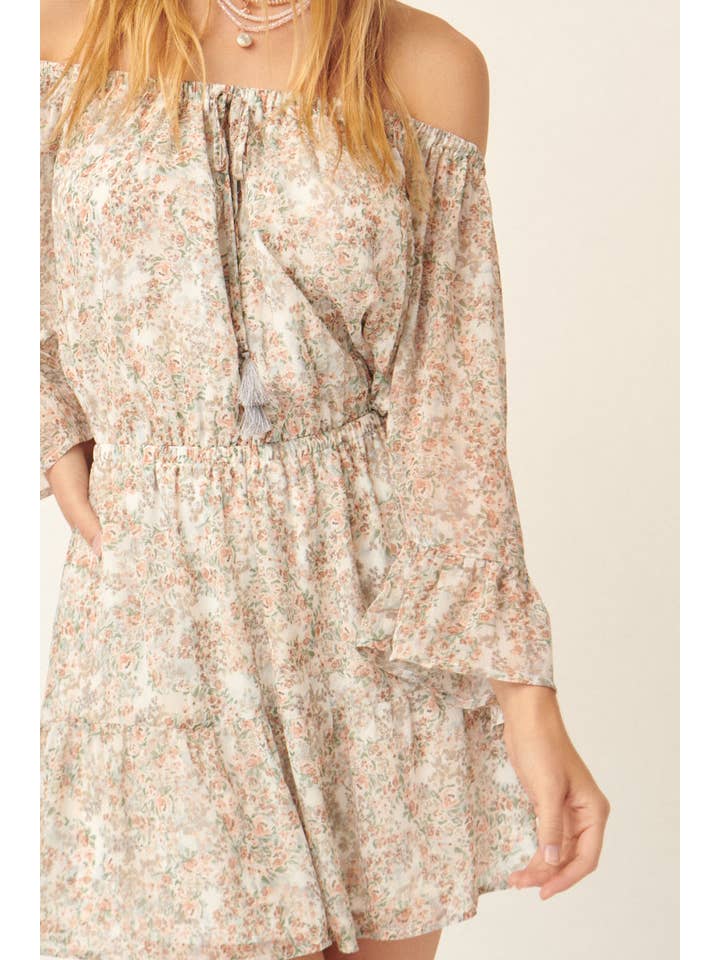 Blush-grå Blomstret Off Skulder Mini Bonde Kjole for engroshandel på Faire