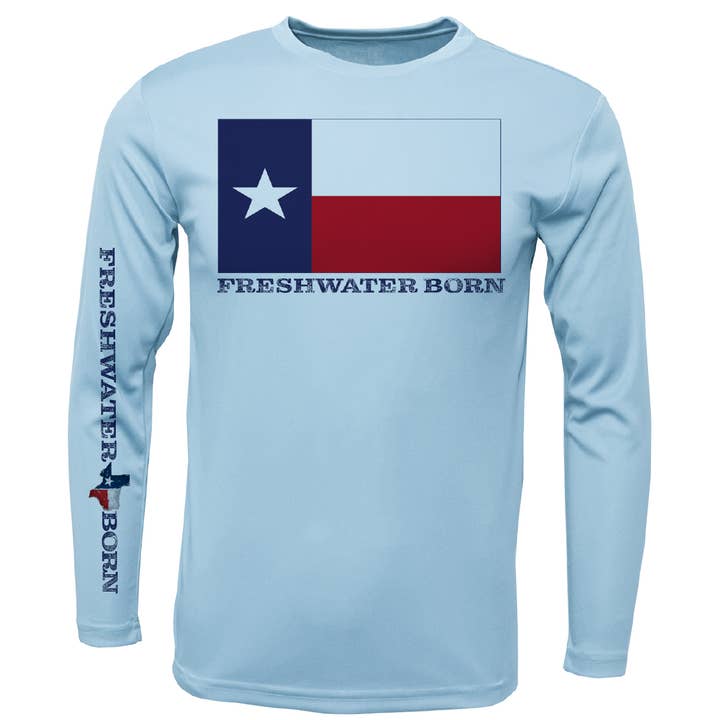 Texas Flag Freshwater Born Langærmet UPF 50+ Dry-Fit skjorte til mænd for engroshandel hos Saltwater Born