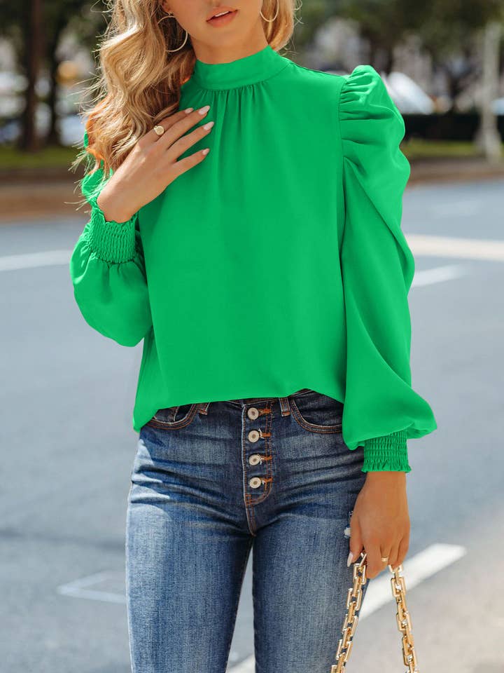 HIDDENBRAND - Wholesale Blouse - Women's - Solid stand collar puff sleeve tie neck blouse