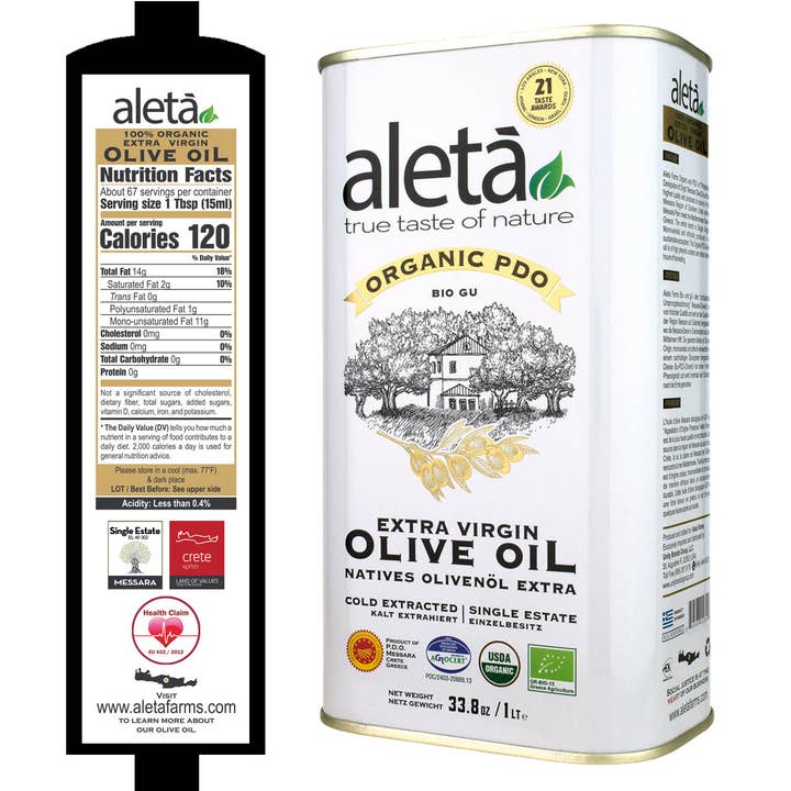 ELLORA FARMS - Wholesale Olive Oil - Aleta Organic Single Estate PDO Extra Virgin Olive Oil, 1 LT1