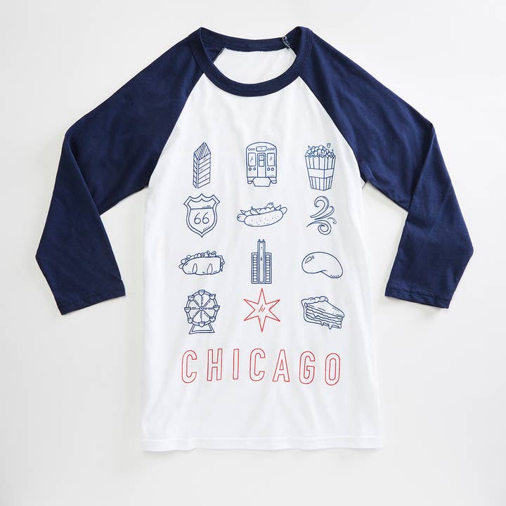 Chicago City Icon White/ Navy Unisex Raglan for wholesale by Orchard Street Apparel