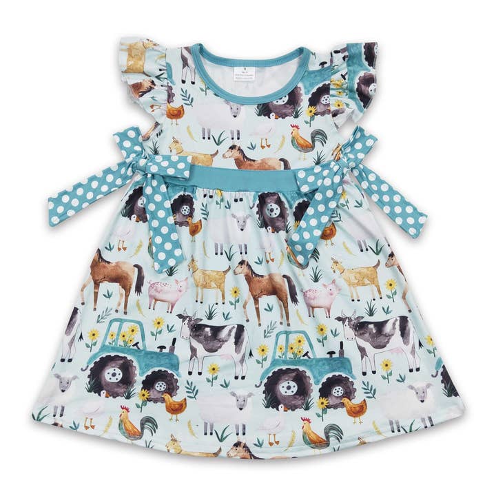 Horse pig cow chicken baby girls farm dresses for wholesale by Yawoo Garments