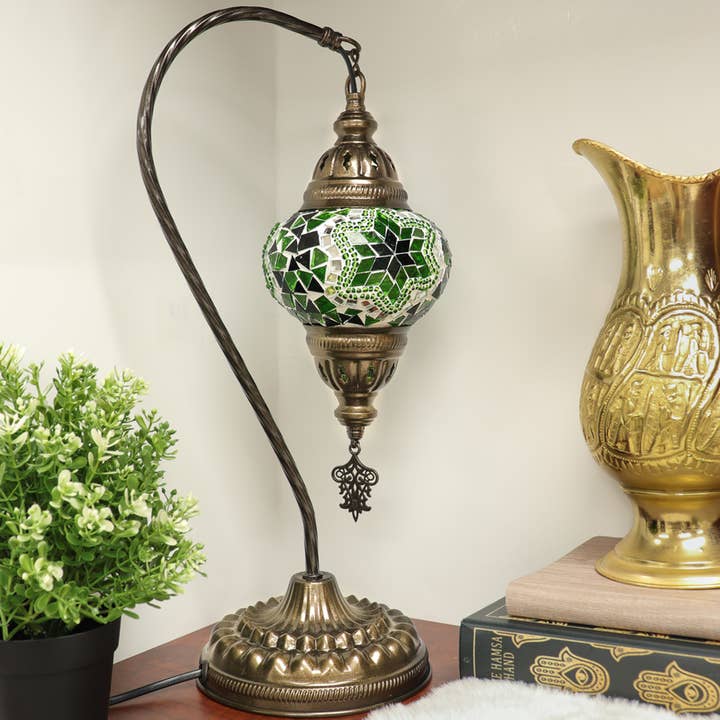 Swan Neck Lamp with Handmade Green Mosaic Glass for wholesale by Natures Artifacts Inc