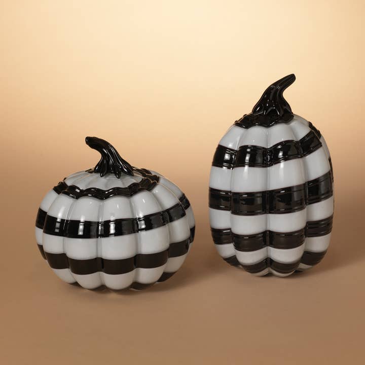 Gerson 8.5"L Handblown Glass Black & White Pumpkin, 2 Asst for wholesale by The Gerson Companies