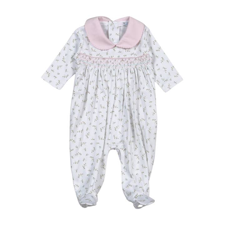 BEL-414 Bella Pink Grenouillère florale à main fumée pour la vente par Baby Loren