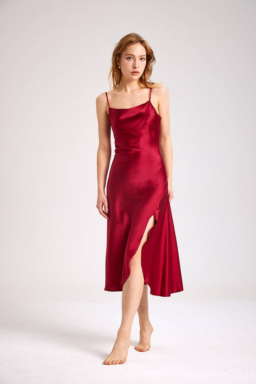 Red Desire Slit Bias Cut Silk Slip Dress