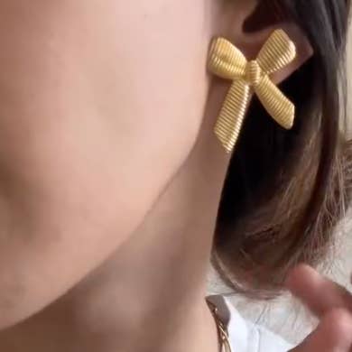 Ribbon (rib) Bow Stud Earrings- 14K Gold Steel for wholesale on Faire