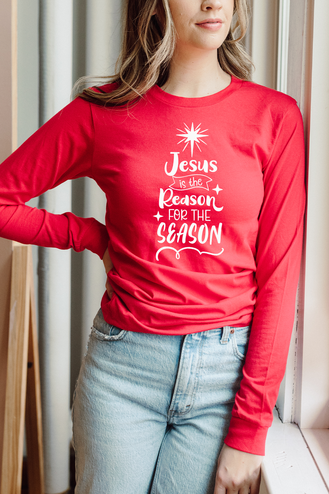Select Apparel – Engroshandel T-shirt med print - Dame – Jesus er grunden til sæsonens lange ærmer4