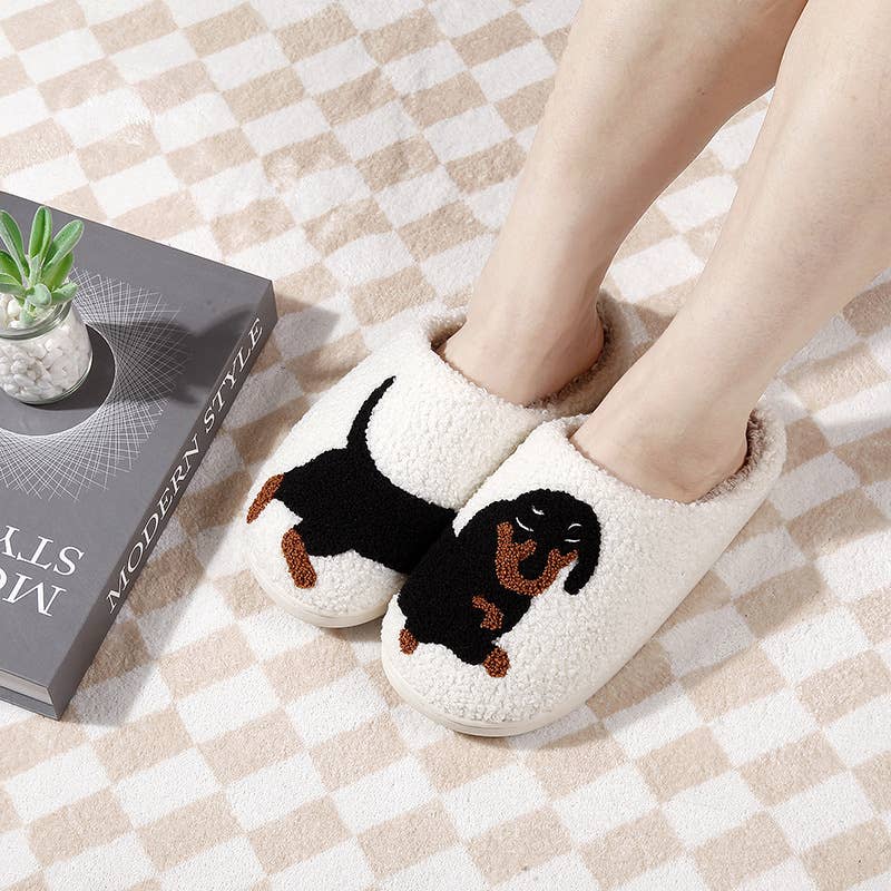 White Dachshund Pattern Fleece Plush Slippers for wholesale on Faire3