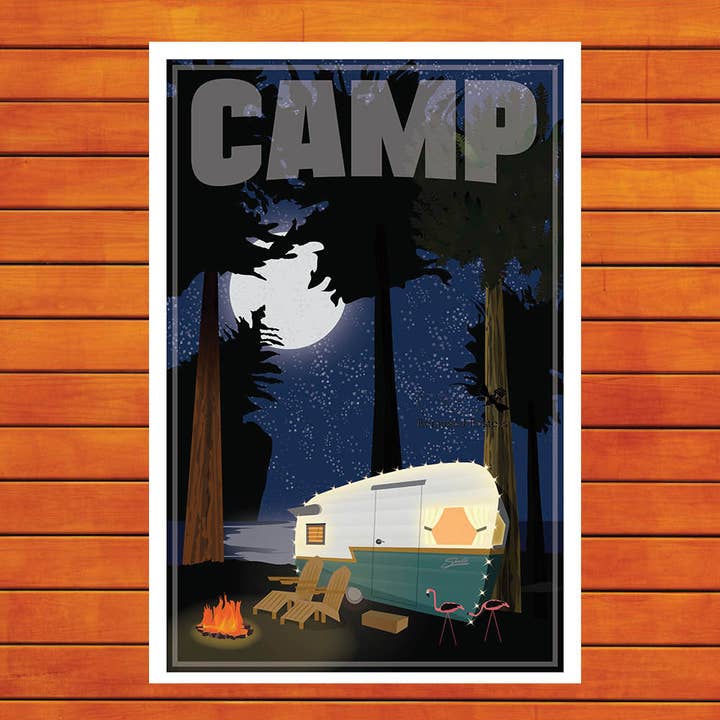 Camp - Vintage Camper Retro Travel Poster Prints for wholesale by Bemused Creative