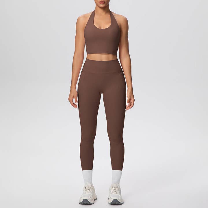 Solid Color Halter Top Pocket Pants Sport Set for wholesale by Plush Looks
