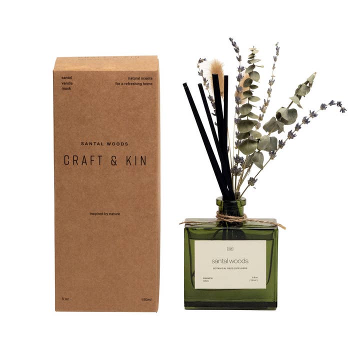 Craft & Kin - Wholesale Reed Diffuser - Green Glass Reed Diffuser with Flowers20