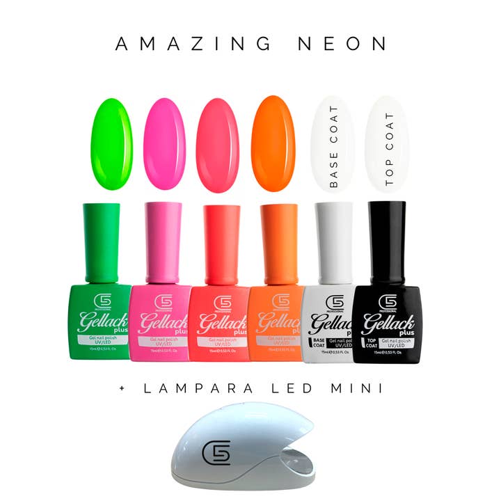sesioMWorld - M·O·I Professional - Wholesale Nail Polish Set - GELLACK PLUS PACK AMAZING NEON 4 NAIL POLISHES+BASE+TOP+LAMP.