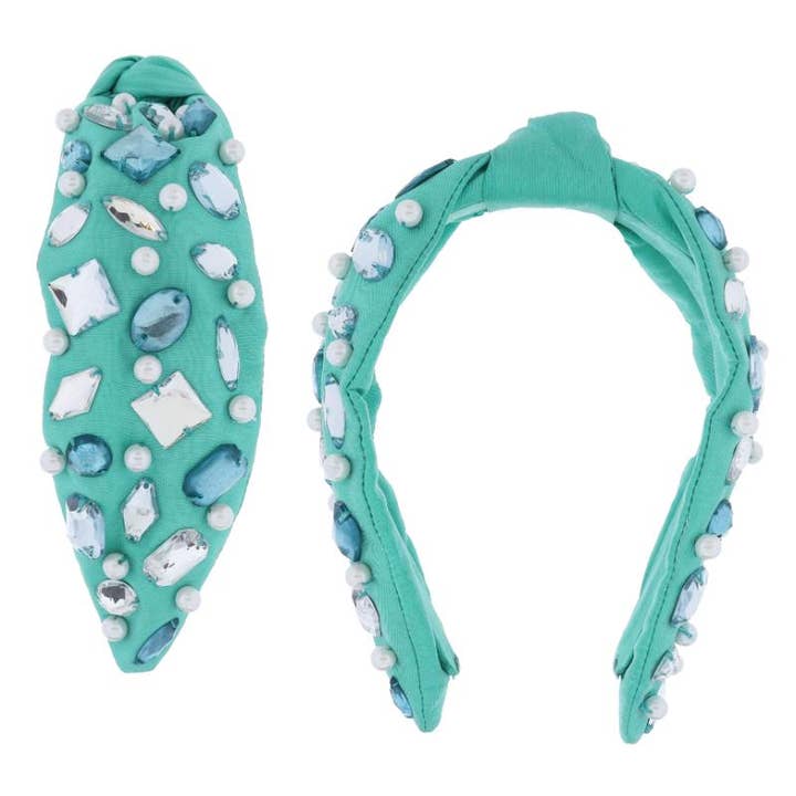 Turquoise Knotted with Turquoise Crystals, Pearls Headband for wholesale by Jane Marie
