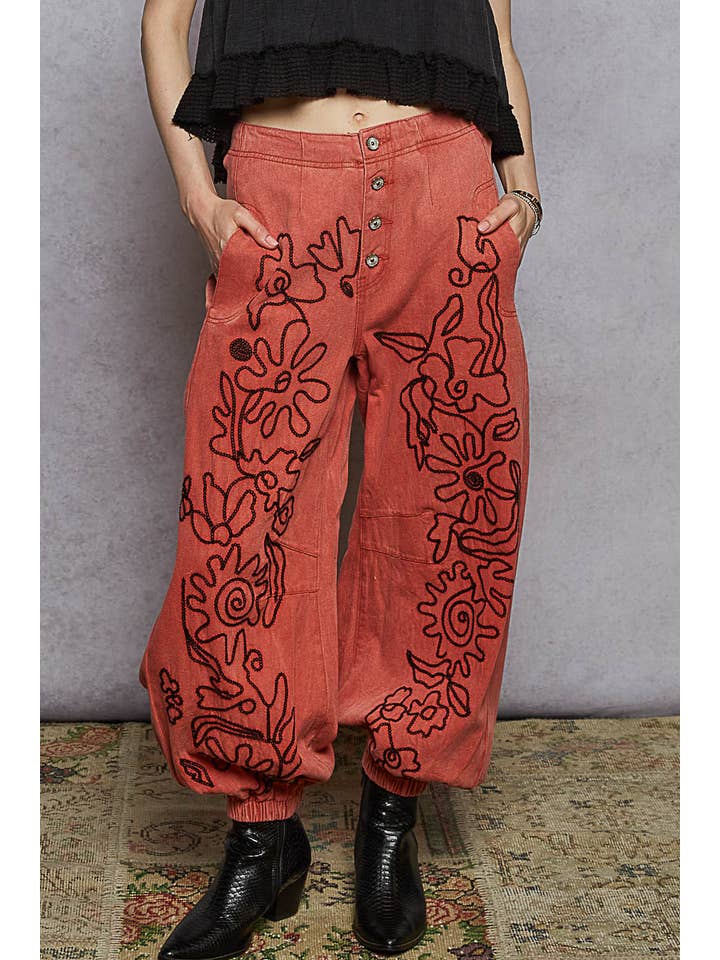 Pol Clothing - Wholesale Pants - Women's - Floral embroidered pattern solid twill pants