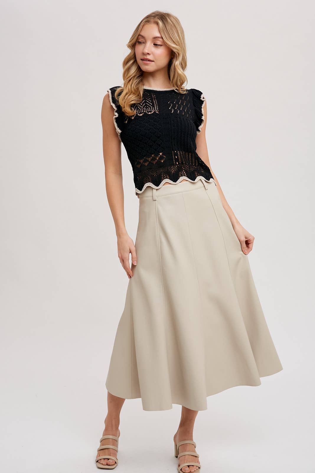 Bluivy - Wholesale Skirt - Women's - FAUX LEATHER FLARE MIDI SKIRT12