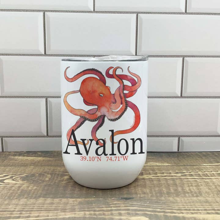 Blue Poppy Designs - Wholesale Insulated Mug/Tumbler - Red Octopus Wine Tumbler - Customize it with "your town"