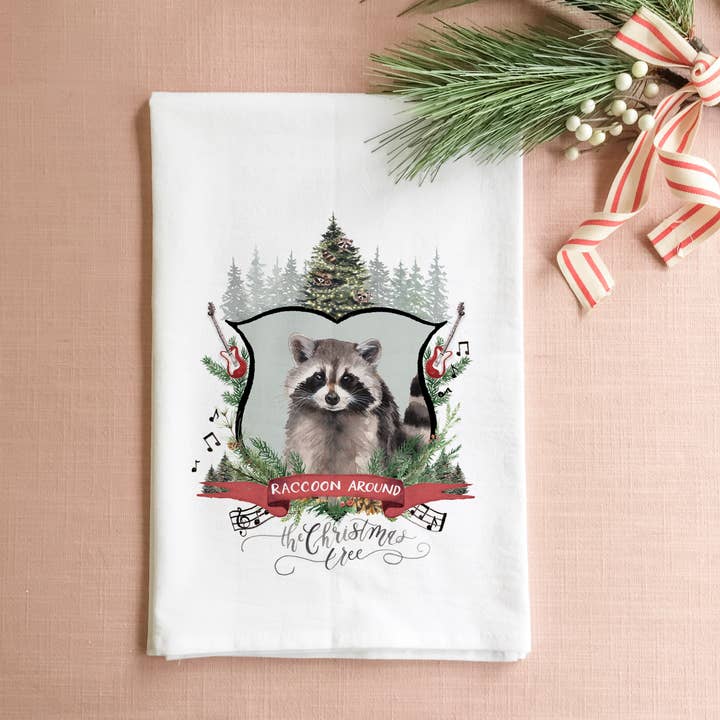 Cami Monet - Wholesale Tea Towel - Raccoon Around the Christmas Tree Tea Towel0