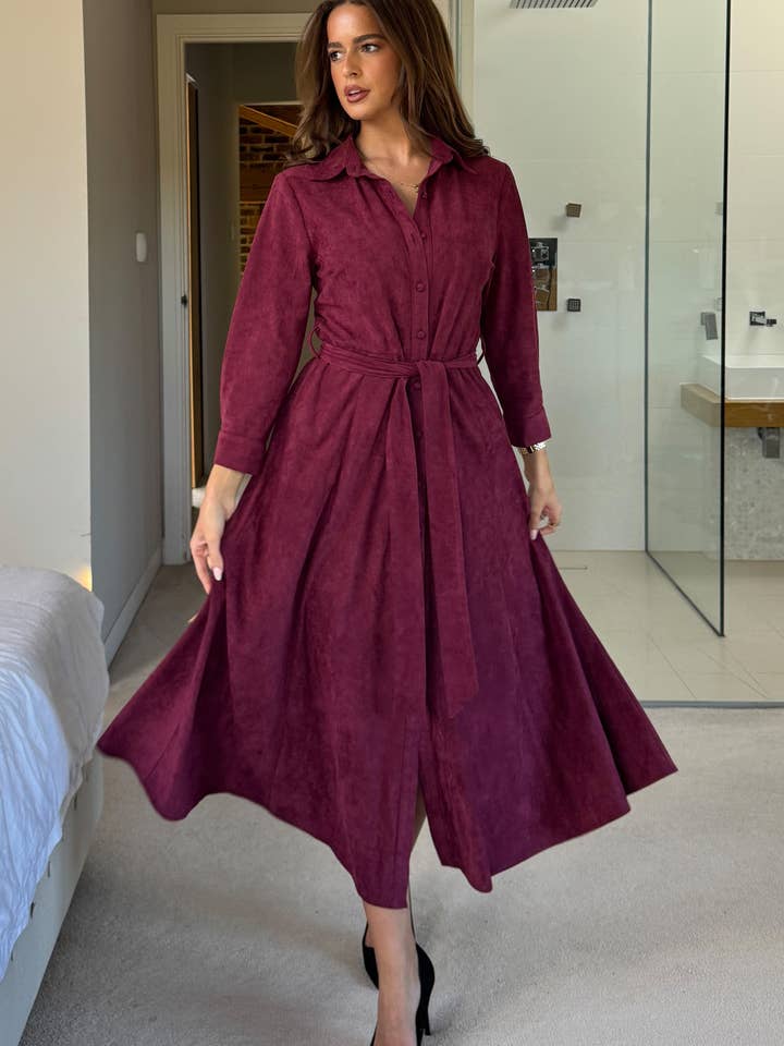 Angela Long Sleeve Maxi Shirt Dress Berry Suede for wholesale by Girl in mind