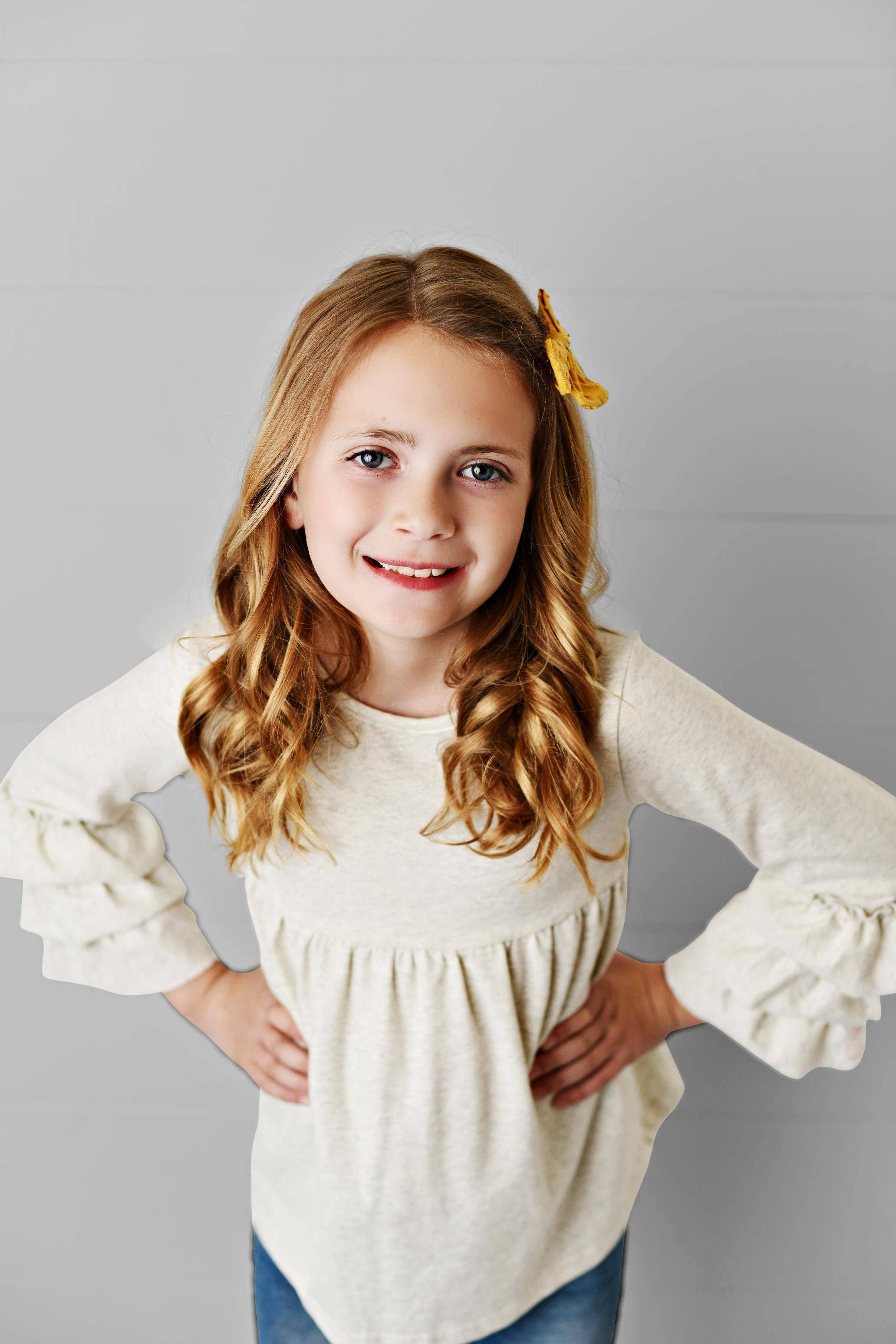 Adorable Sweetness - Wholesale Shirt - Kids - Kids Cream Ecru 3 Ruffle Sleeve Blouse Fall Winter Shirt0