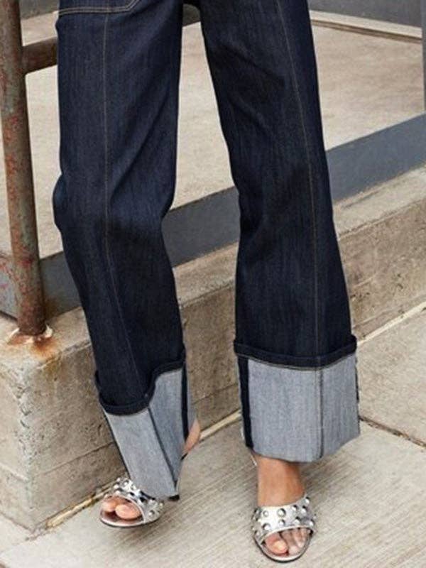 DEEP BLUE High Waist Straight Contrast Split Jean Pants for wholesale on Faire8