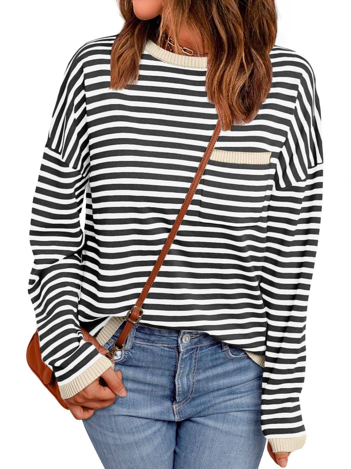 HIDDENBRAND - Wholesale Knit Sweater - Women's - Fashion Color-Block Striped Long-Sleeve Top1