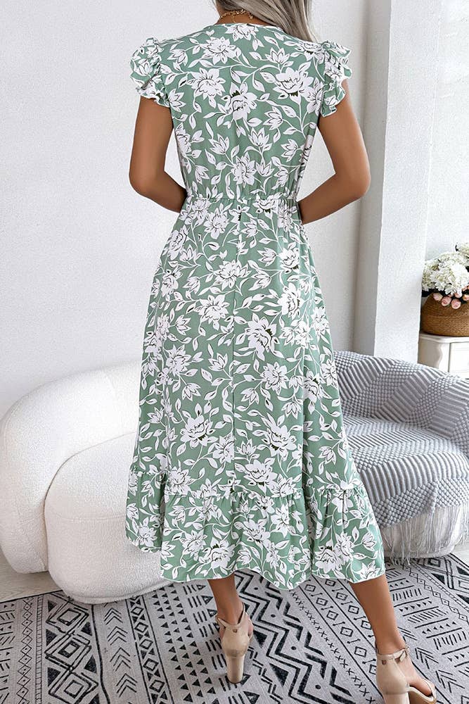 UNISHE - Wholesale Dress - Women's - V Neck Flutter Sleeves Maxi Floral Dress BJS0673