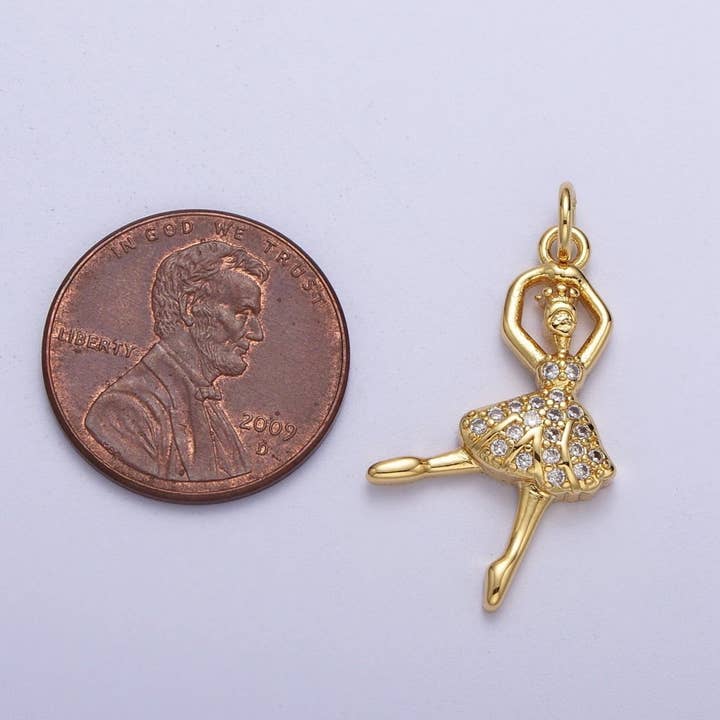 Aim Eternal - Wholesale Individual charm/pendant - Gold Ballerina Dancer Micro Paved Cubic Zirconia Charm For Arts Jewelry Making | C-6902