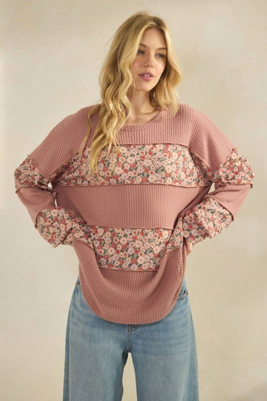 SENNEP T4479HE11-Solid og Blomstret Kontrast Langærmet Top for engroshandel på Faire4