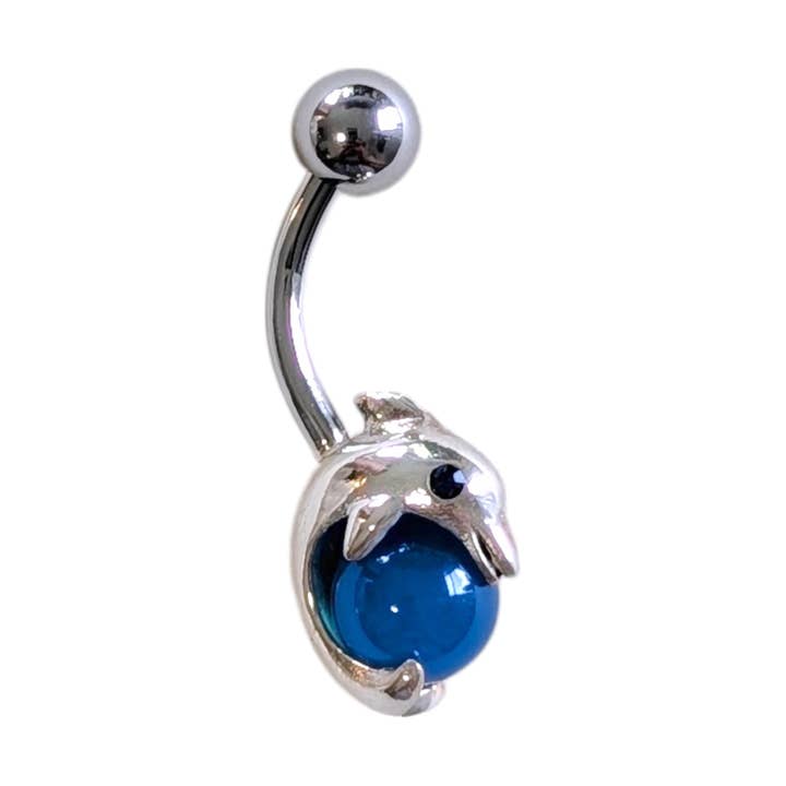 SALE Blue Onyx Dolphin Sterling Silver Belly Ring for wholesale by Saraswati Imports