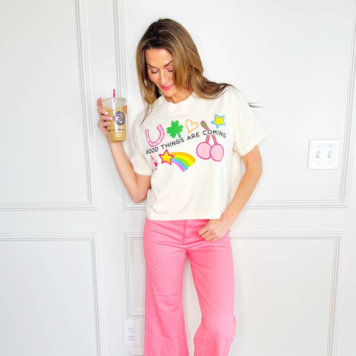 Poppy & Pine - Wholesale Screen Printed T-Shirt - Women's - Good Things Are Coming Cropped Tee0